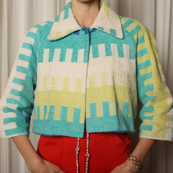 60's Geometric Terry Towel Quilted Crop Jacket