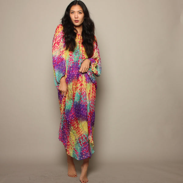Vintage 70's Raksha Neiman Marcus Rainbow Silk India Dress