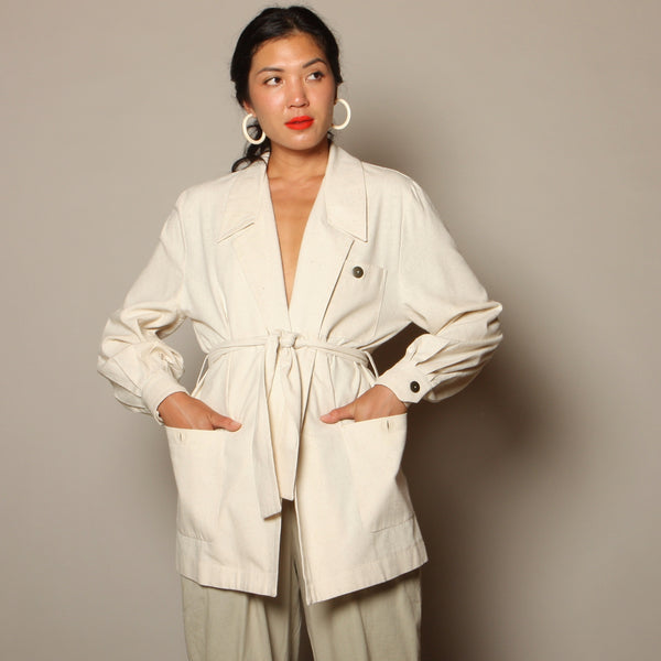 Vintage 80's Natural Raw Silk Belted Jacket