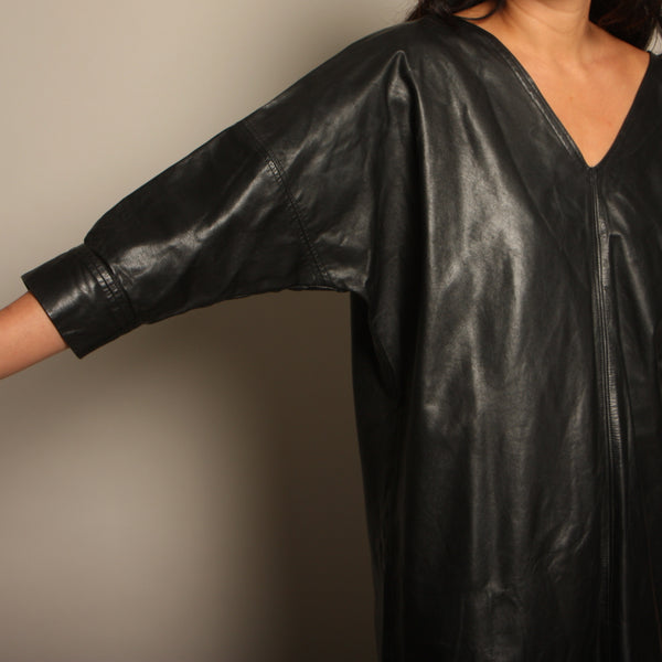 Vintage 80's Pieced Black Leather Dolman Dress