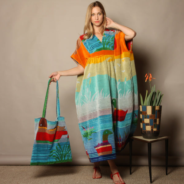 70's Rainbow Waterscape Ducks Towel Caftan + Beach Bag Set
