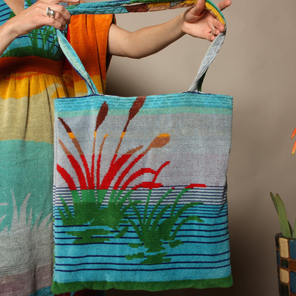 70's Rainbow Waterscape Ducks Towel Caftan + Beach Bag Set
