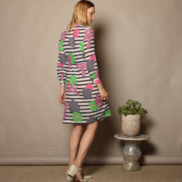 Vintage 60's Mod Floral + Stripe French Voile Shirt Dress