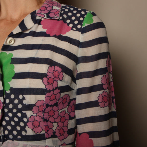 Vintage 60's Mod Floral + Stripe French Voile Shirt Dress