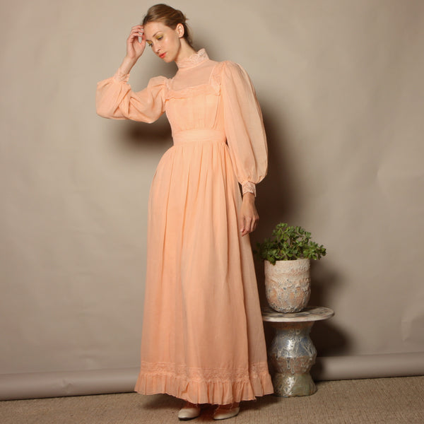 Vintage 70's Apricot Voile Romantic Prairie Dress