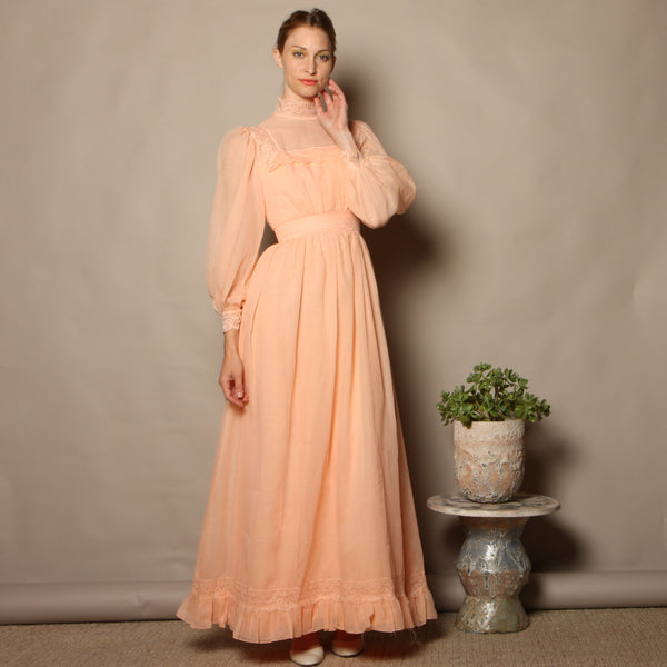 Vintage 70's Apricot Voile Romantic Prairie Dress