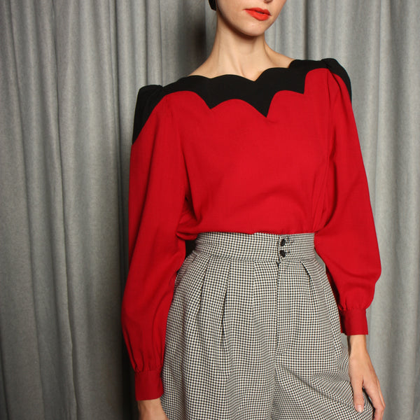 Vintage Scalloped Wool Puff Sleeve Blouse