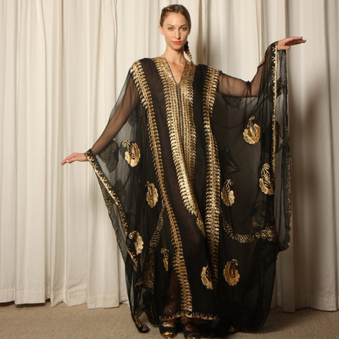 Vintage 70's Sheer Silk Gold Metal Embroidery Caftan – Opal Pineapple