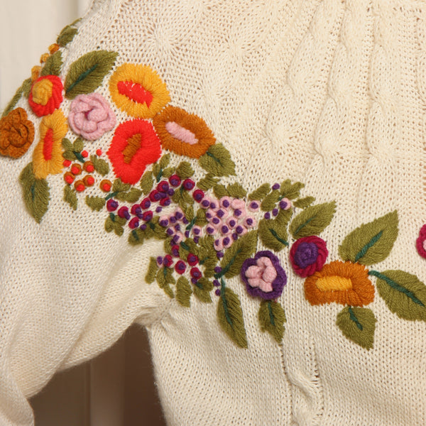 Vintage 80's Heavily Hand Embroidered Cotton Crop Knit