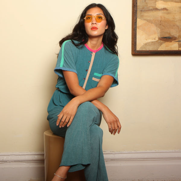 Vintage 70's Colorblock Terry Drape Jumpsuit