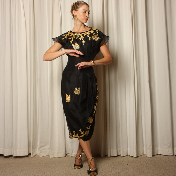 Vintage 80's Silk Organza Quilted Applique Dress