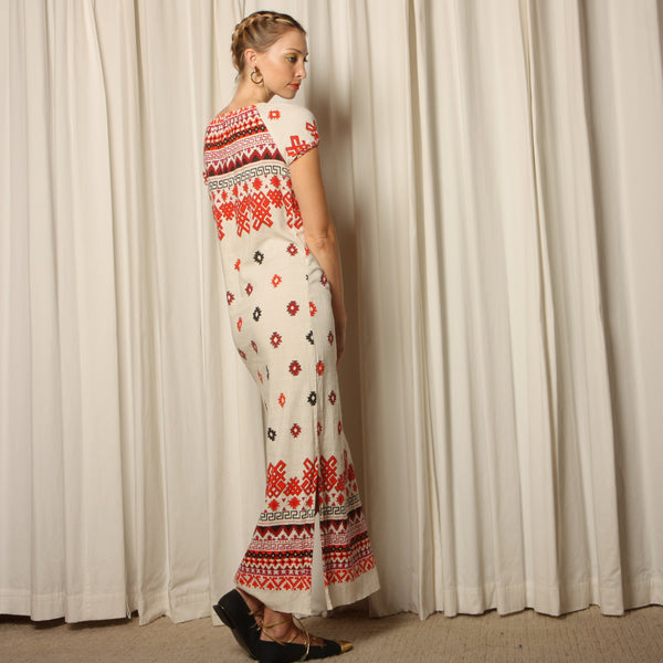 Vintage 70's Grecian Cotton/Rayon Block Print Maxi Dress