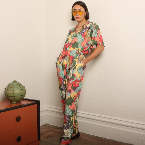 Vintage 80's Tropical Flowers + Lady Print Jumpsuit