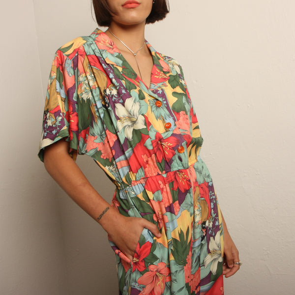 Vintage 80's Tropical Flowers + Lady Print Jumpsuit