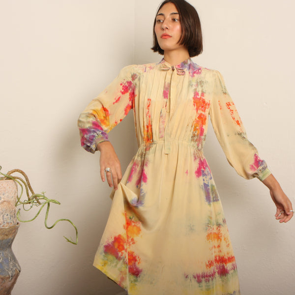 Vintage 70's Ecru Silk Hand Dyed Rainbows Dress