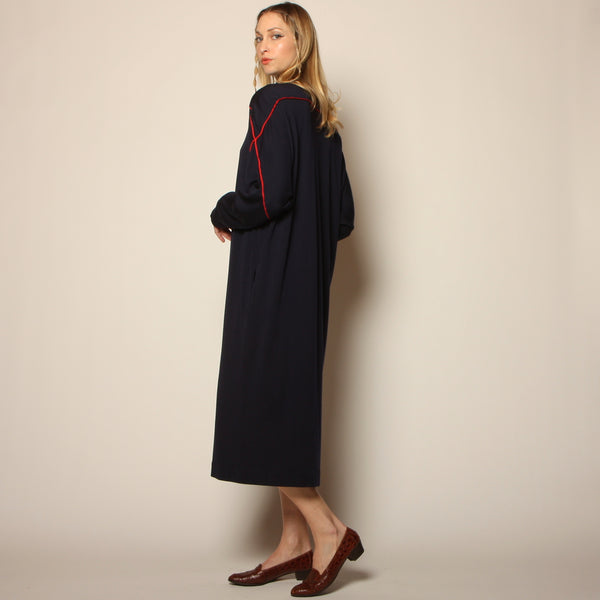 Vintage 80's Hanae Mori Boutique Navy Wool Zip Front Dress