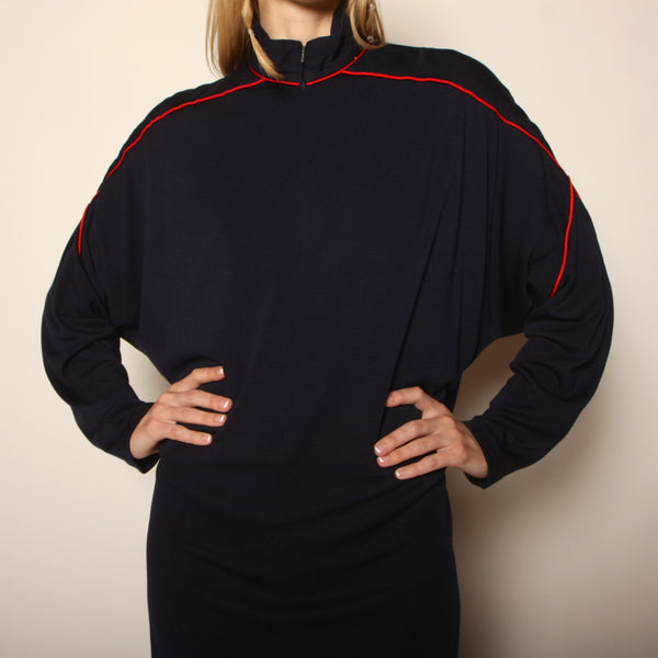 Vintage 80's Hanae Mori Boutique Navy Wool Zip Front Dress