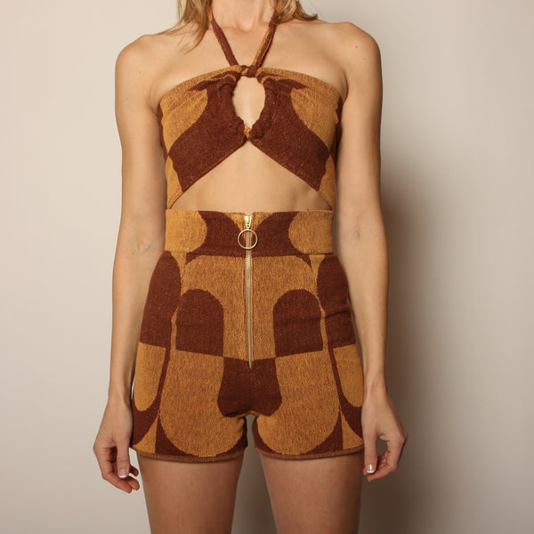 60's Op-Art Geometric Towel Shorts + Halter Top Set