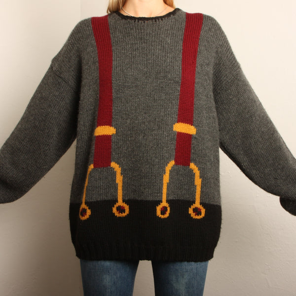 Vintage Oversized Hand Knit Suspenders Sweater