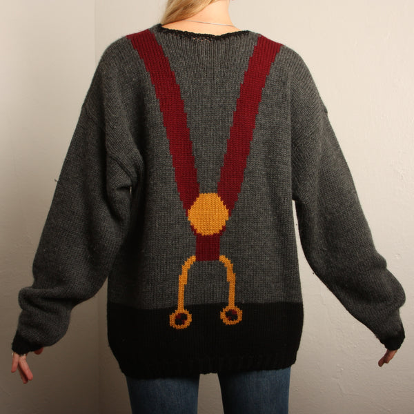 Vintage Oversized Hand Knit Suspenders Sweater